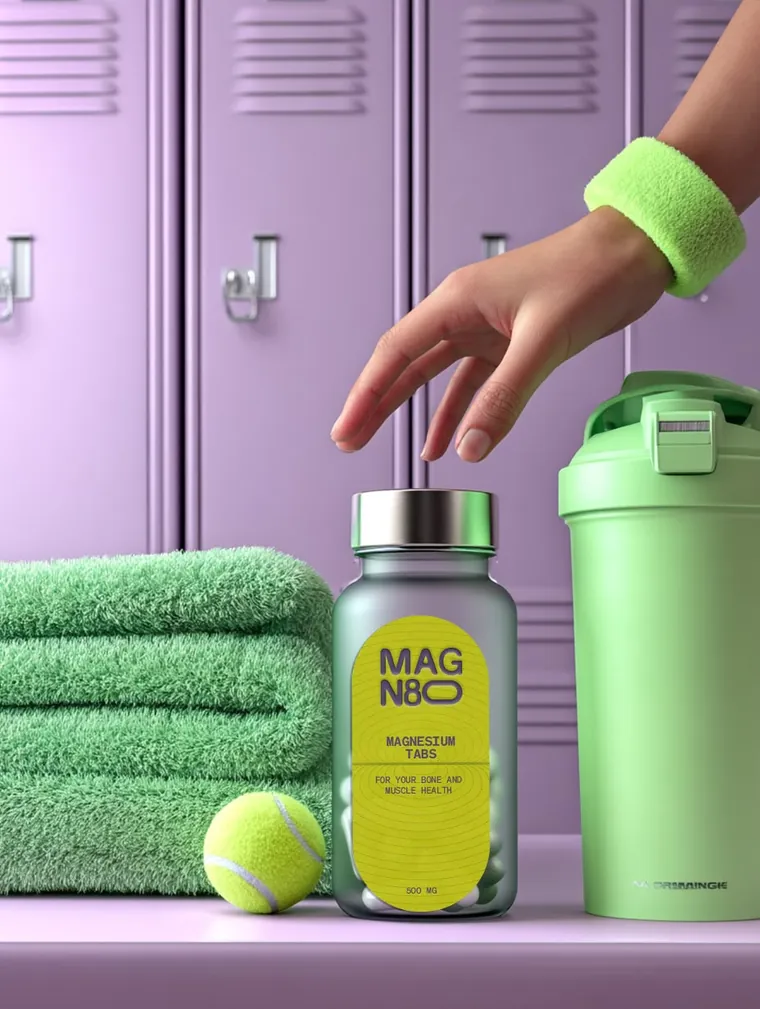 Wellness product beside a gym bag and sports accessories