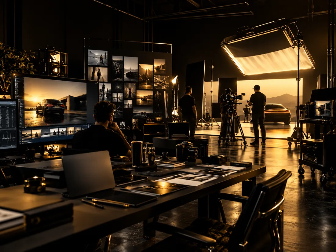 Creative team filming a car campaign in a studio