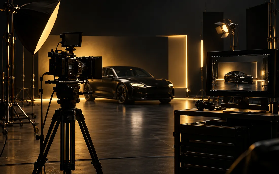 Camera and lighting on a car campaign set