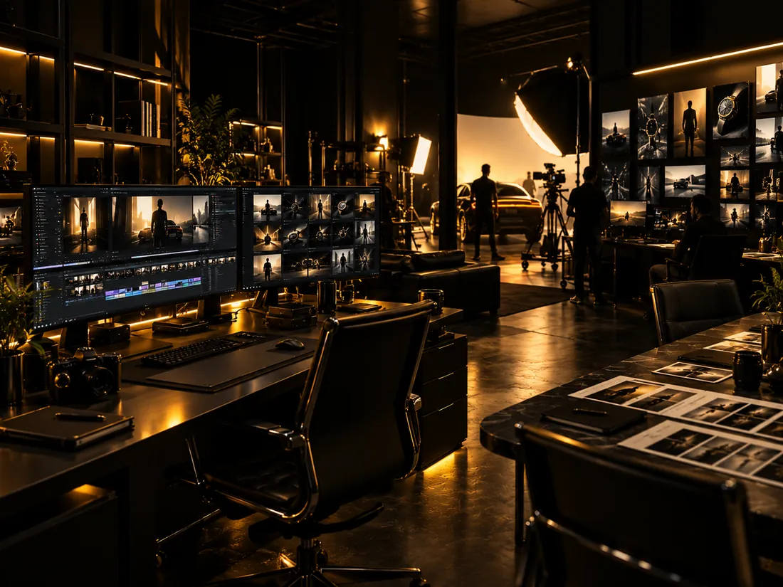 Creative editing suite beside an active production set